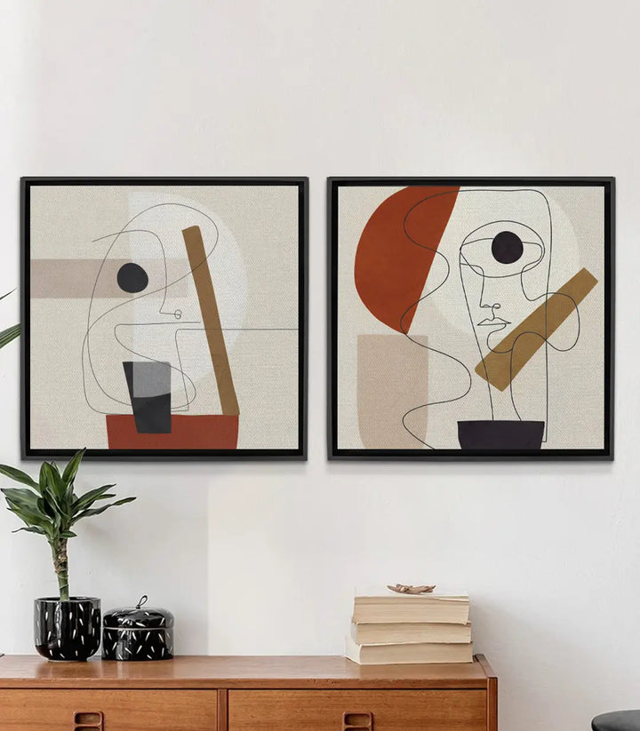 Cuadro Linework díptico — retrato abstracto de líneas finas en beige, arte minimalista Massinart