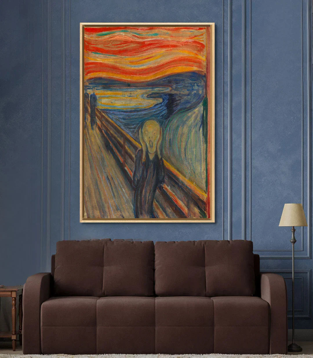 Detalle expresionista de El Grito: figura angustiada, paleta azul-rojo-amarillo, Massinart premium