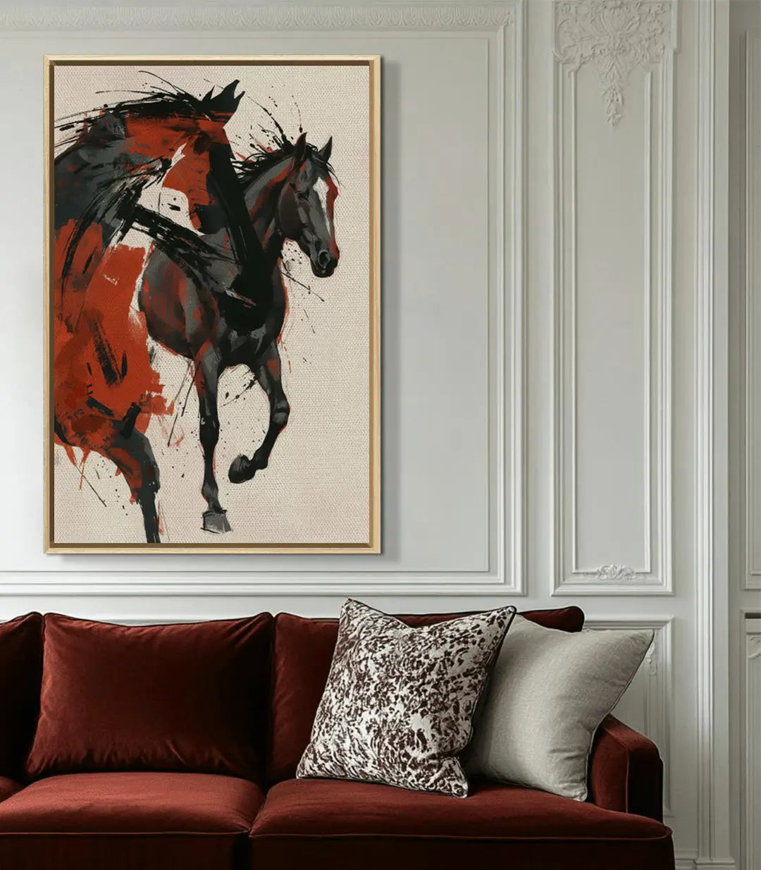 Lienzo expresionista con caballo en movimiento, ambientado en salón moderno — Massinart