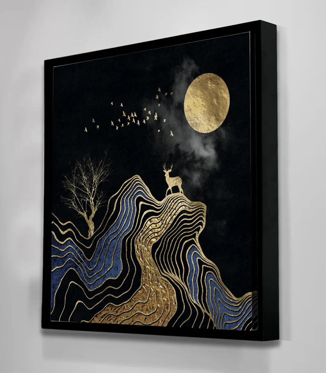 Cuadro paisaje abstracto con ondas doradas y negras, arte mural — Massinart