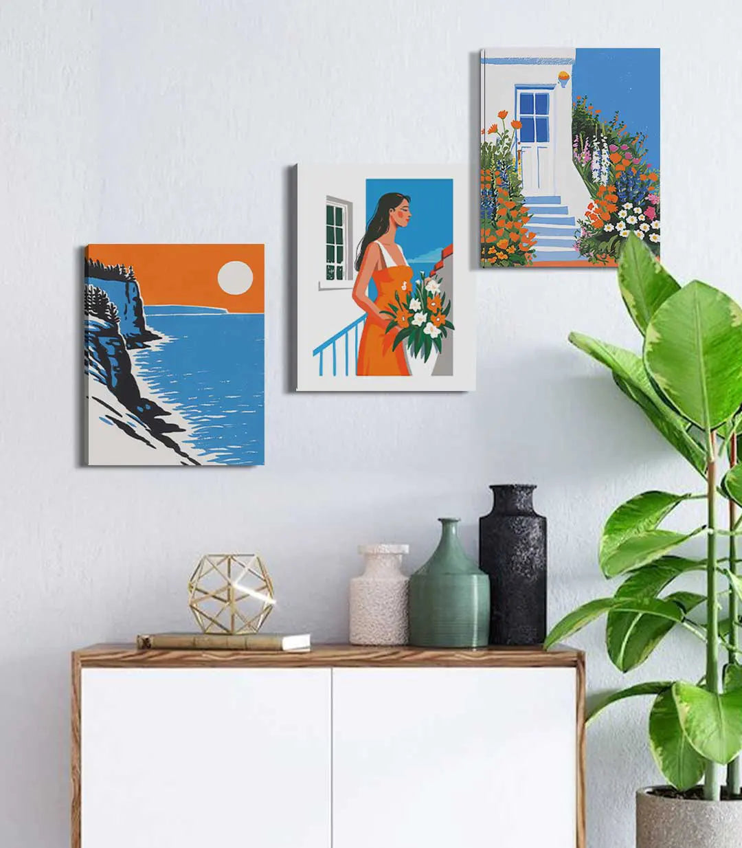 Cuadro abstracto paisaje costero azul y naranja — arte mural minimalista estilo mediterráneo