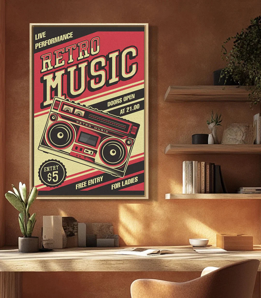 Cartel música vintage sobre escritorio decoración interior Massinart
