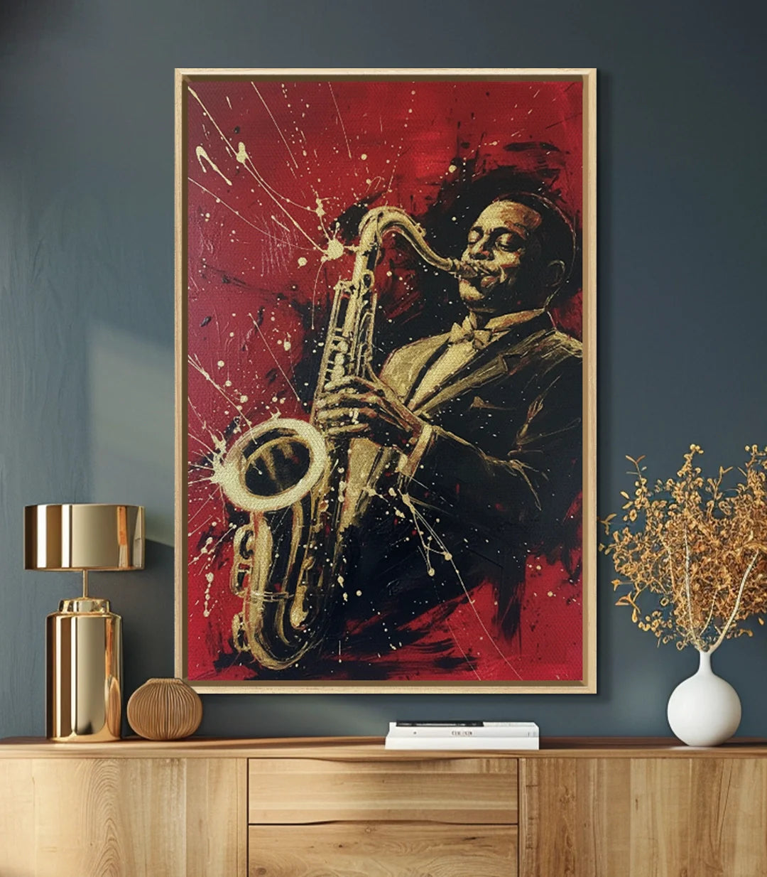 Cuadro jazz en ambiente de salón con paredes grises — Massinart