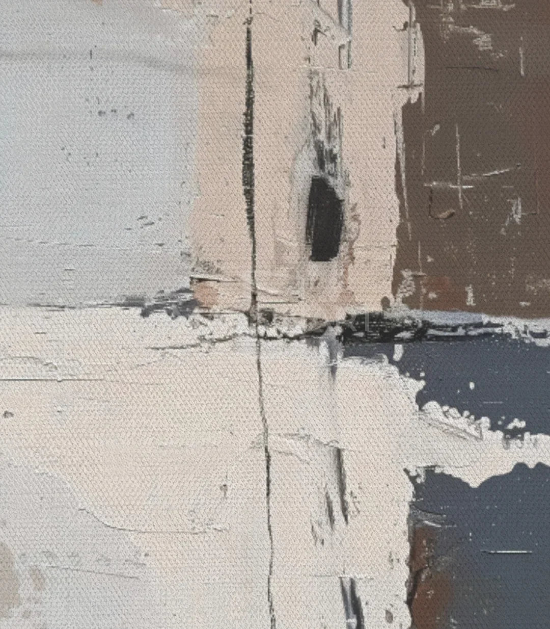 Detalle de cuadro abstracto geométrico en beige, taupe y negro, Massinart
