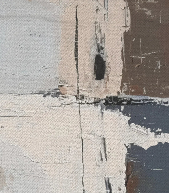 Detalle de cuadro abstracto geométrico en beige, taupe y negro, Massinart
