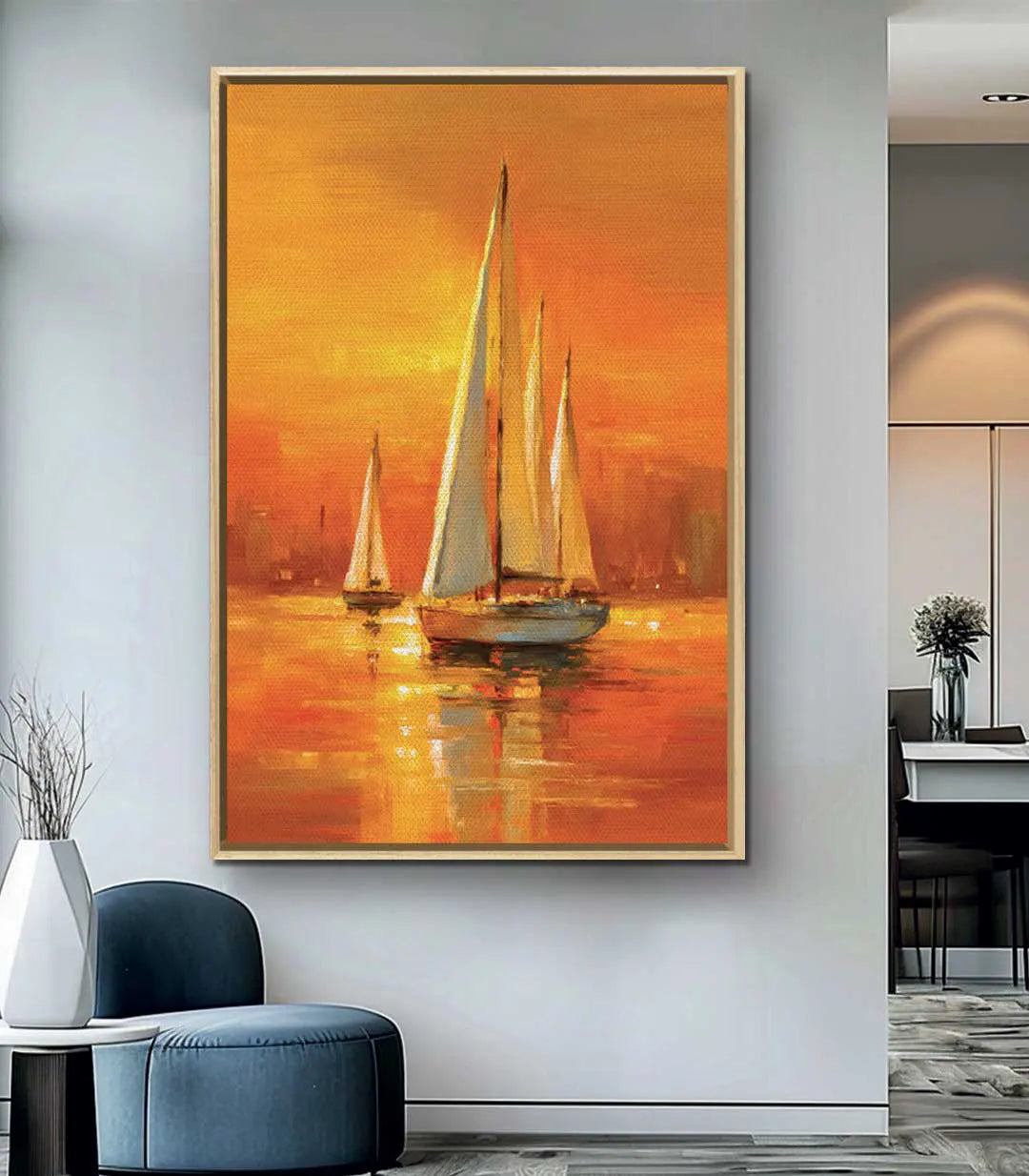 Cuadro Golden Sail Massinart en despacho contemporáneo — paisaje marino con veleros al atardecer