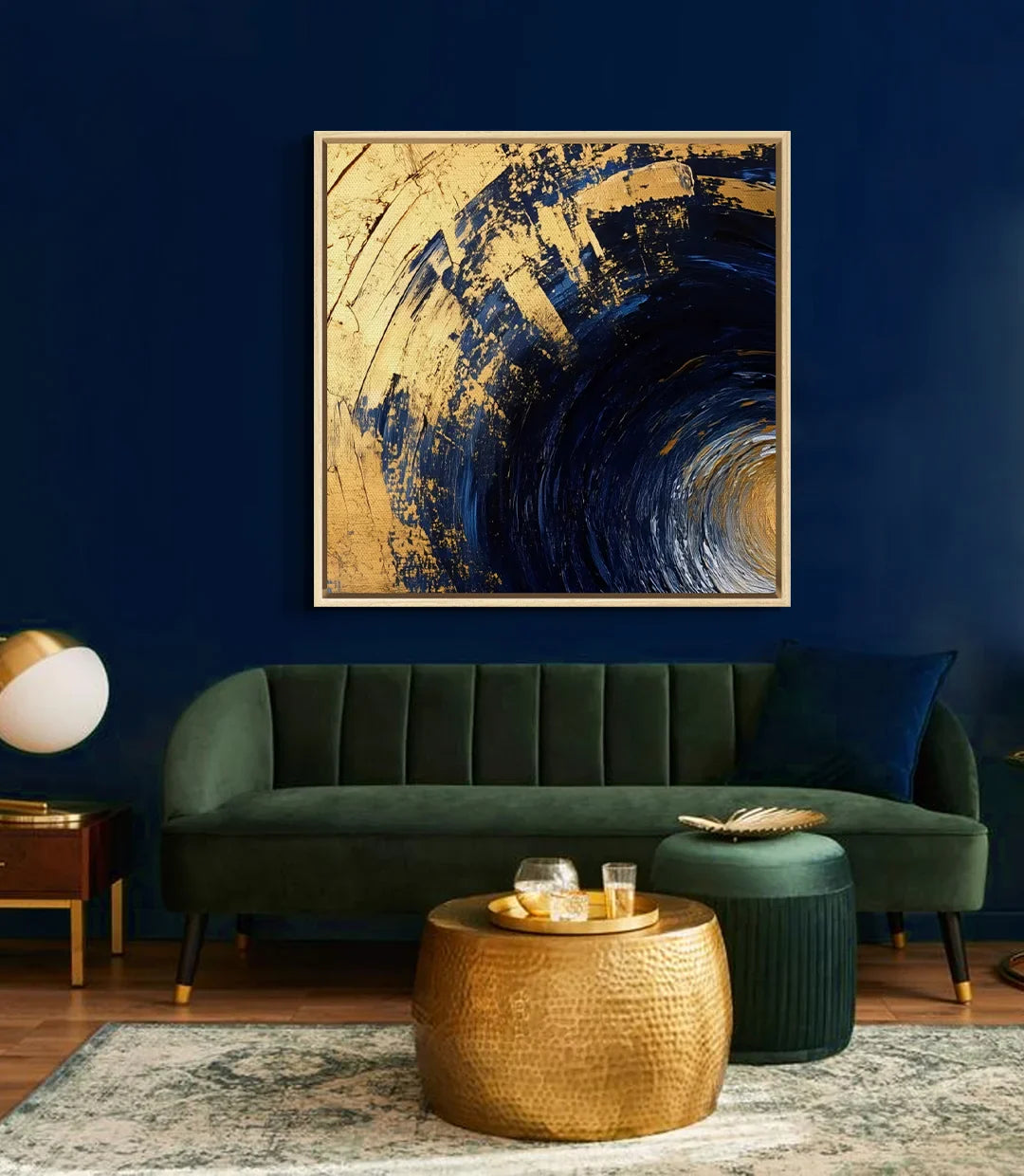 Cuadro Golden Vortex abstracto cuadrado — espirales doradas sobre fondo gris profundo, estilo contemporáneo Massinart