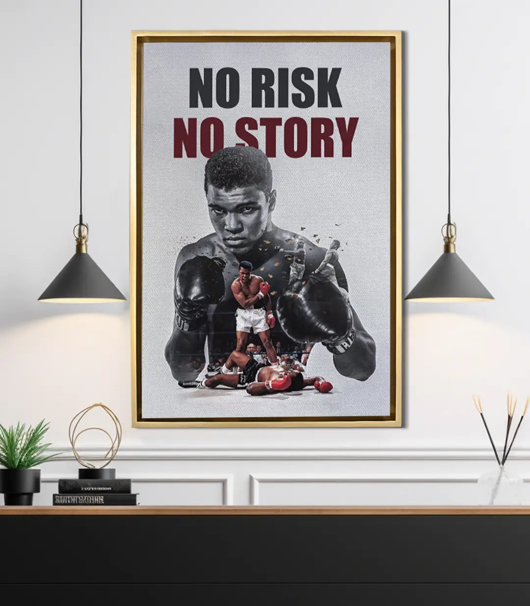 Cuadro Clay Legend Massinart en salón moderno — lienzo de boxeo inspirador sobre consola