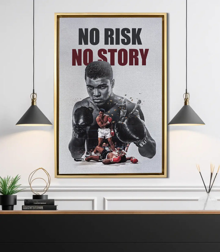 Cuadro Clay Legend Massinart en salón moderno — lienzo de boxeo inspirador sobre consola