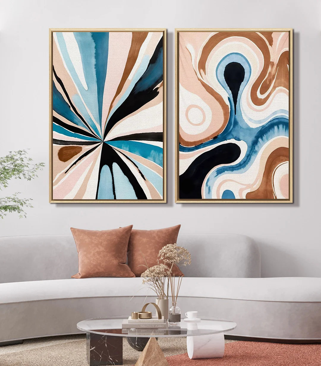 Decoración de dormitorio moderno con díptico abstracto Fluid Motion de Massinart