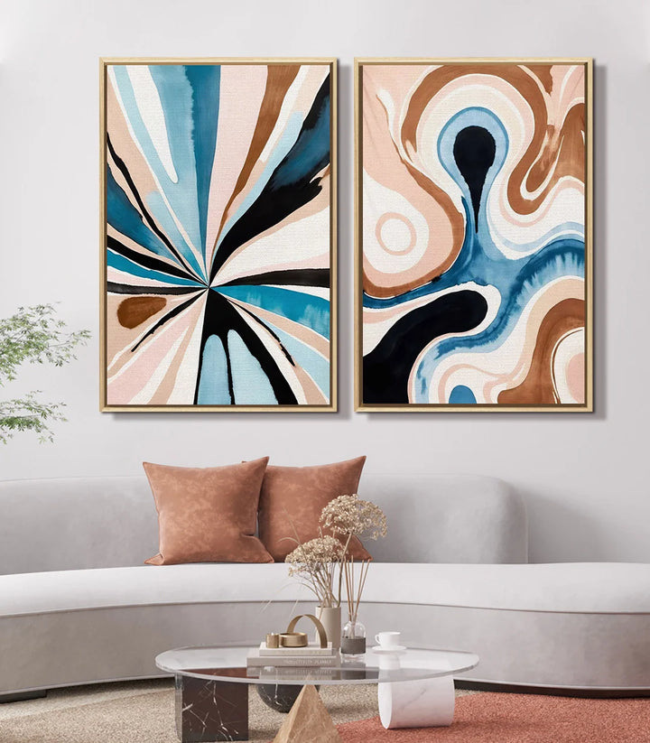 Decoración de dormitorio moderno con díptico abstracto Fluid Motion de Massinart