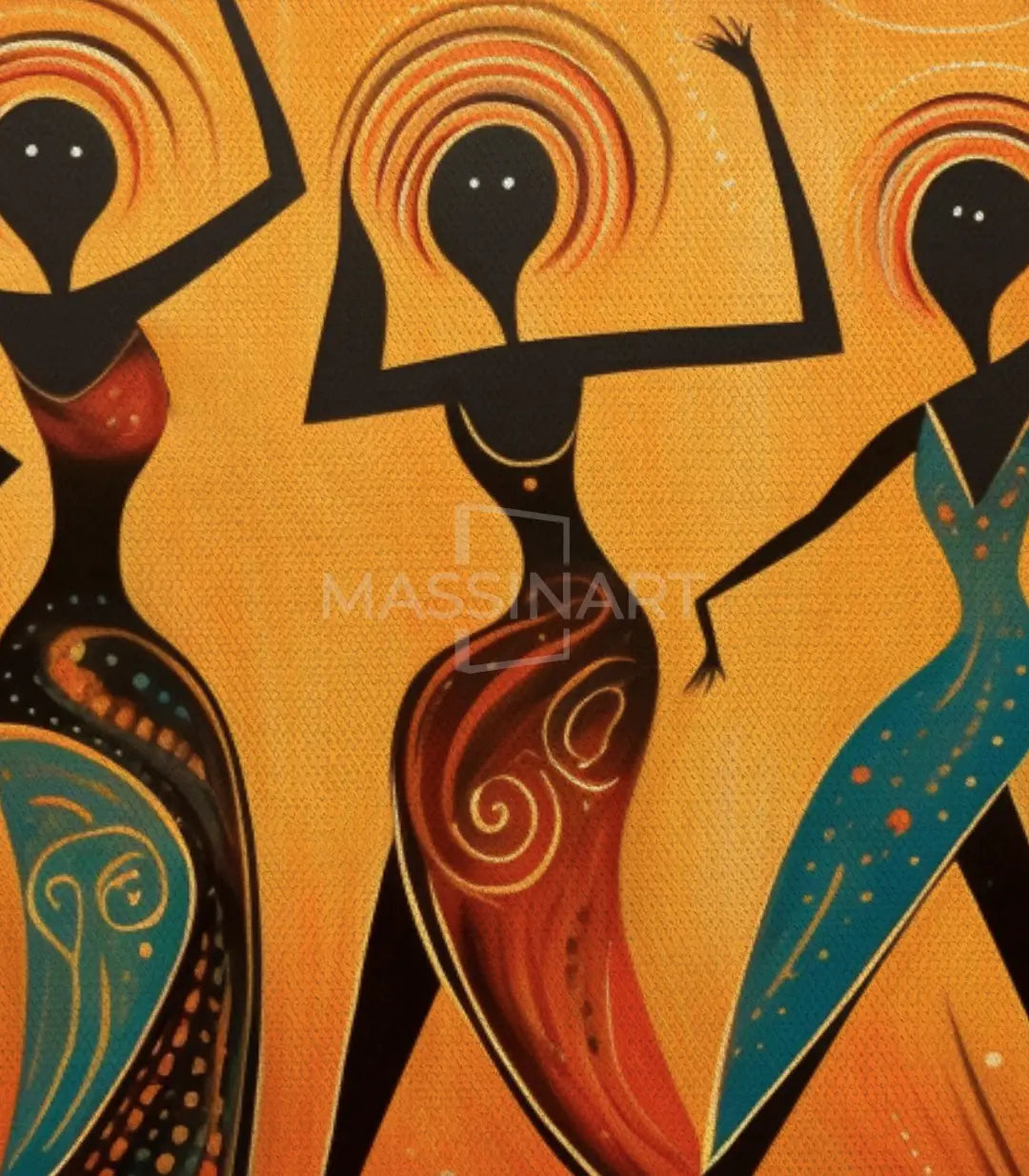 Cuadro Tribal Dance en salón moderno — decoración de pared sobre sofá terracota, estilo africano contemporáneo Massinart