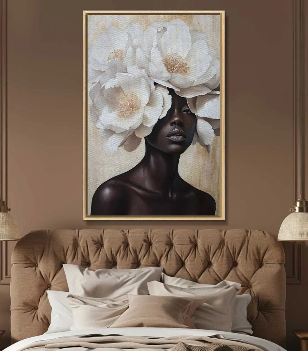 Decoración salón con cuadro Foral Crown, retrato mujer con corona floral — Massinart