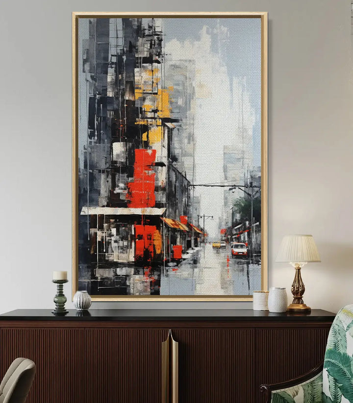Cuadro abstracto urbano en dormitorio de líneas depuradas — Massinart
