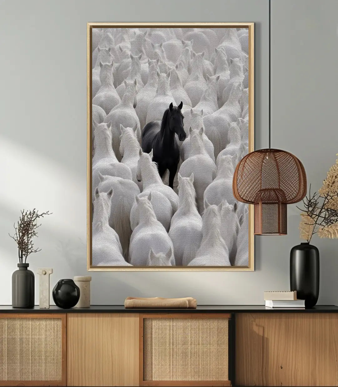 Decoración interior con cuadro Contraste — fotografía ecuestre en blanco y negro sobre consola de madera