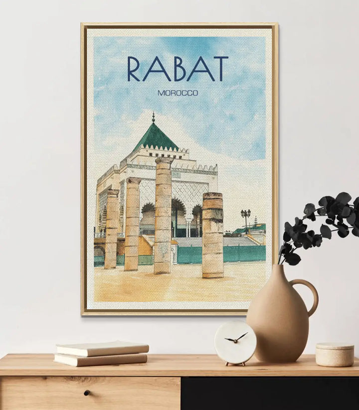 Decoración pasillo — lámina vintage Rabat estilo travel art con arquitectura islámica, Massinart