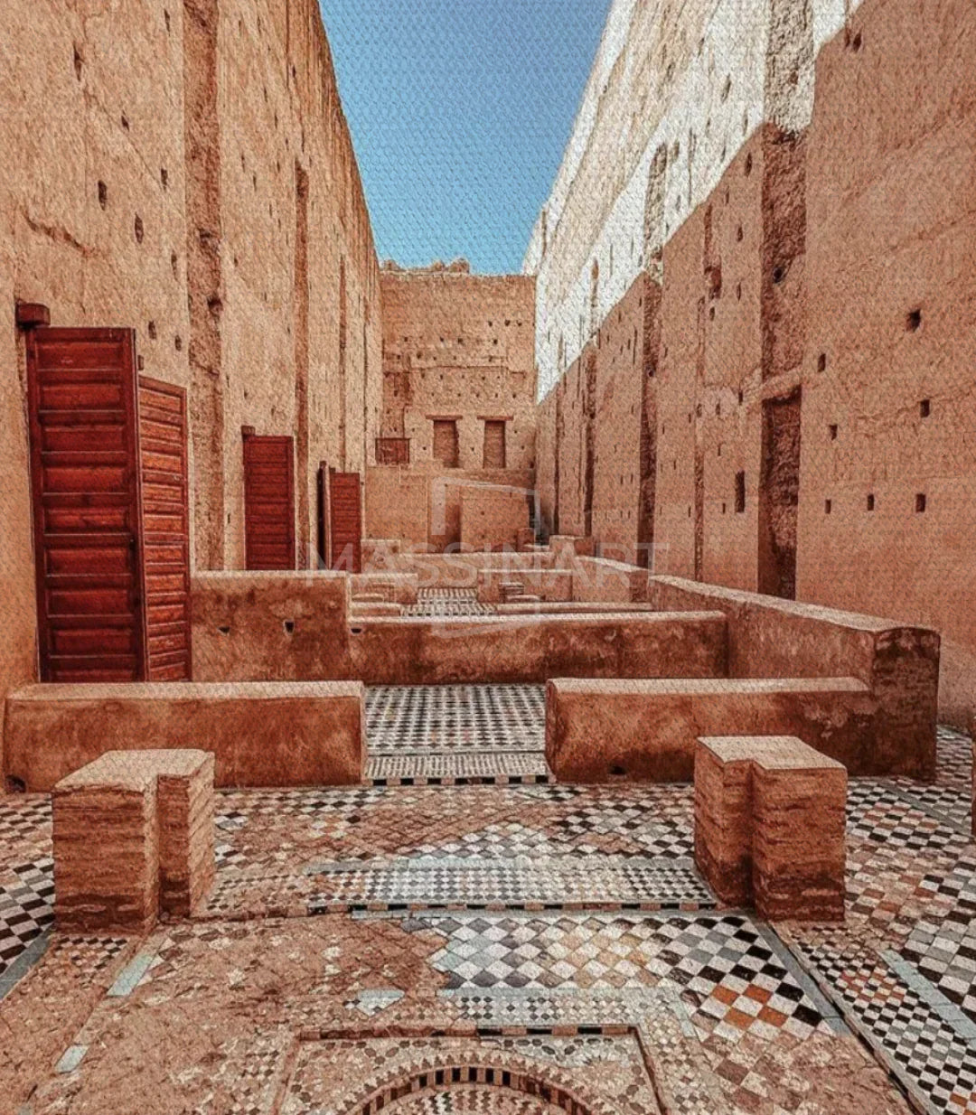 Ambiente salón moderno — armonía de tonos terracota y blanco, tríptico Red City Massinart