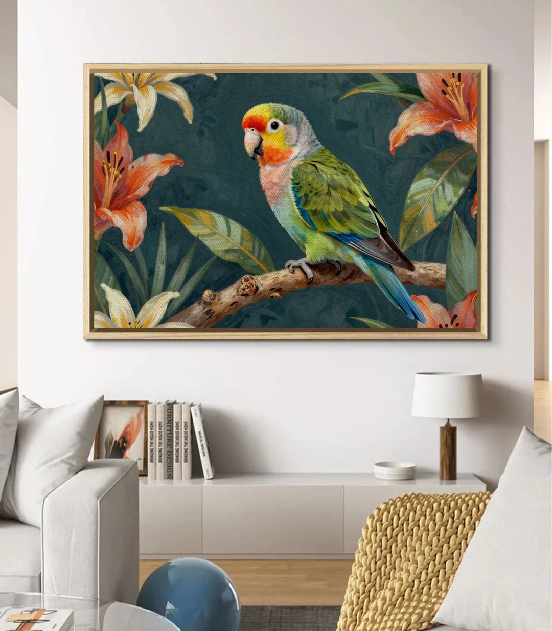 Cuadro Parrot Bloom en interior contemporáneo — decoración pared con arte floral Massinart