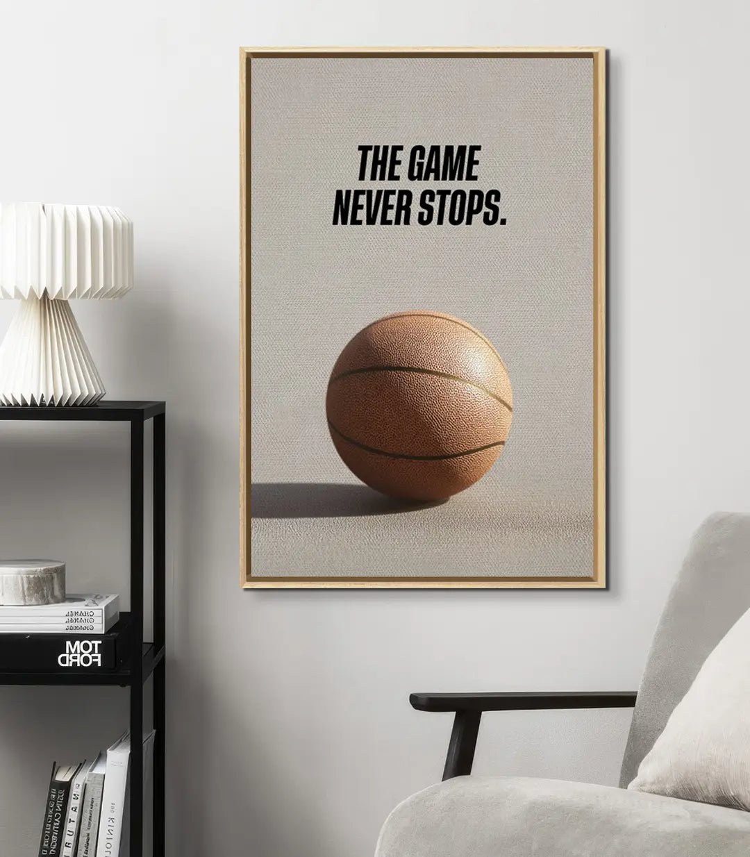 Cuadro de baloncesto en interior contemporáneo, arte mural deportivo, Massinart