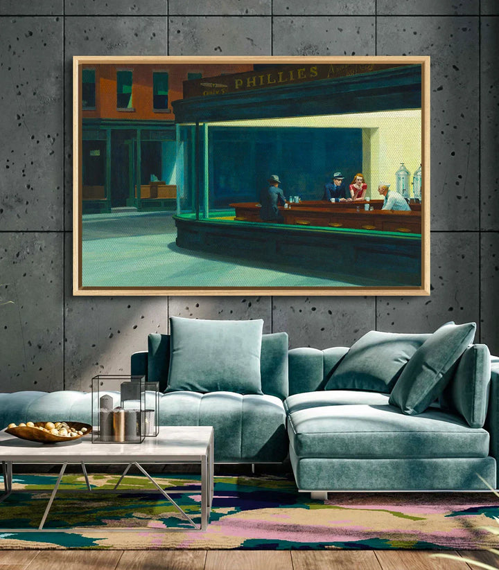 Cuadro Nighthawks en ambiente de salón — pintura café nocturno estilo vintage, Massinart