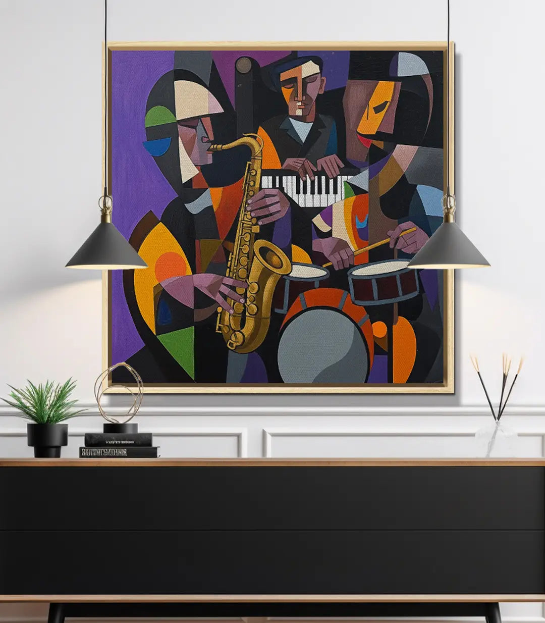 Cuadro Cubist Groove en interior contemporáneo — pintura abstracta de música enmarcada en negro, decoración mural Massinart