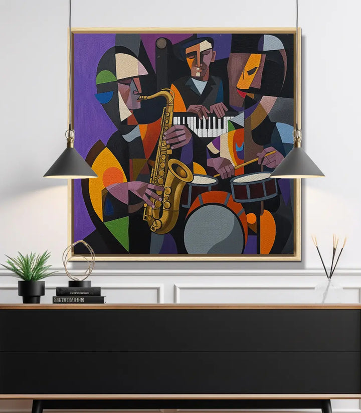 Cuadro Cubist Groove en interior contemporáneo — pintura abstracta de música enmarcada en negro, decoración mural Massinart
