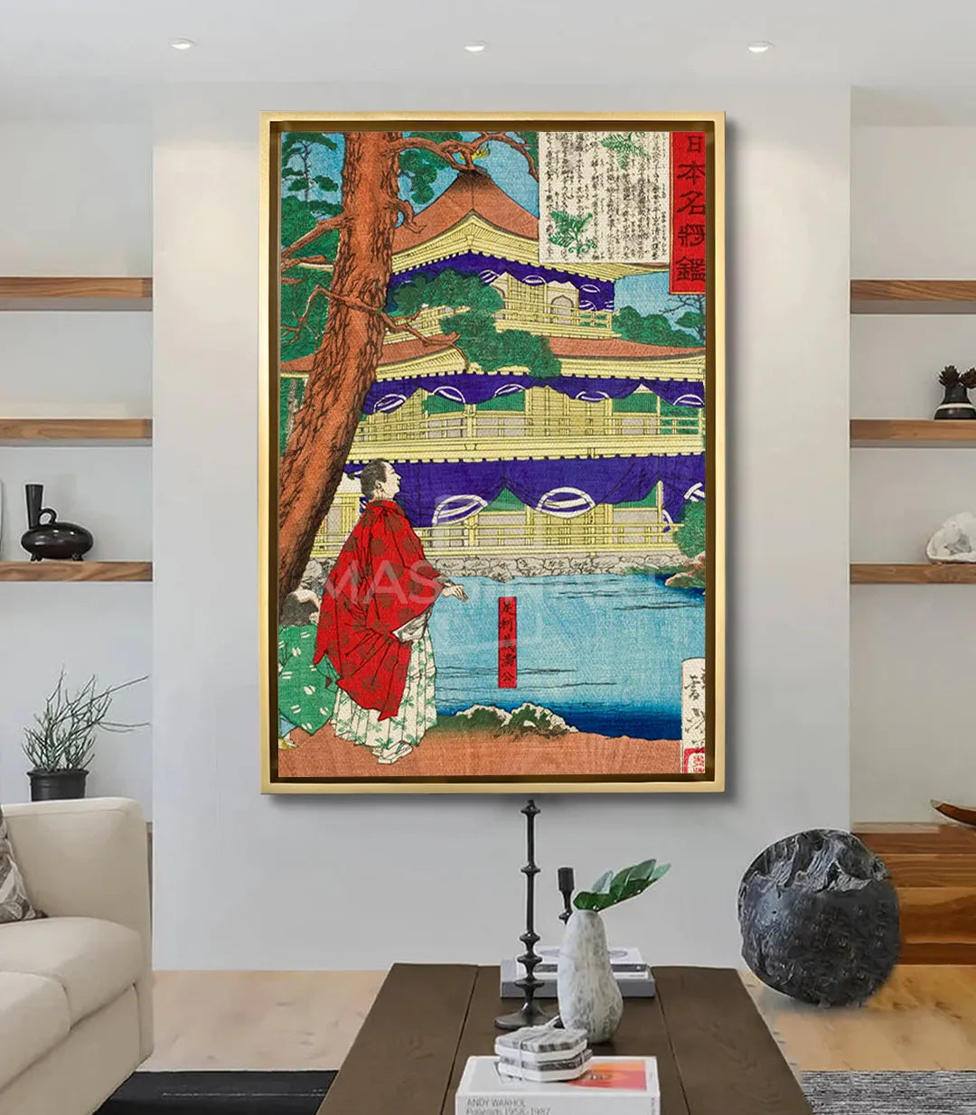 Cuadro Golden Pavilion en salón moderno, decoración de pared con estampa oriental sobre sofá