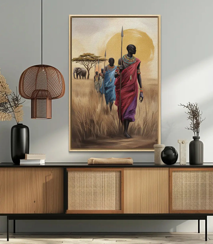 Detalle decorativo en salón — cuadro Savanna March de estética étnica africana