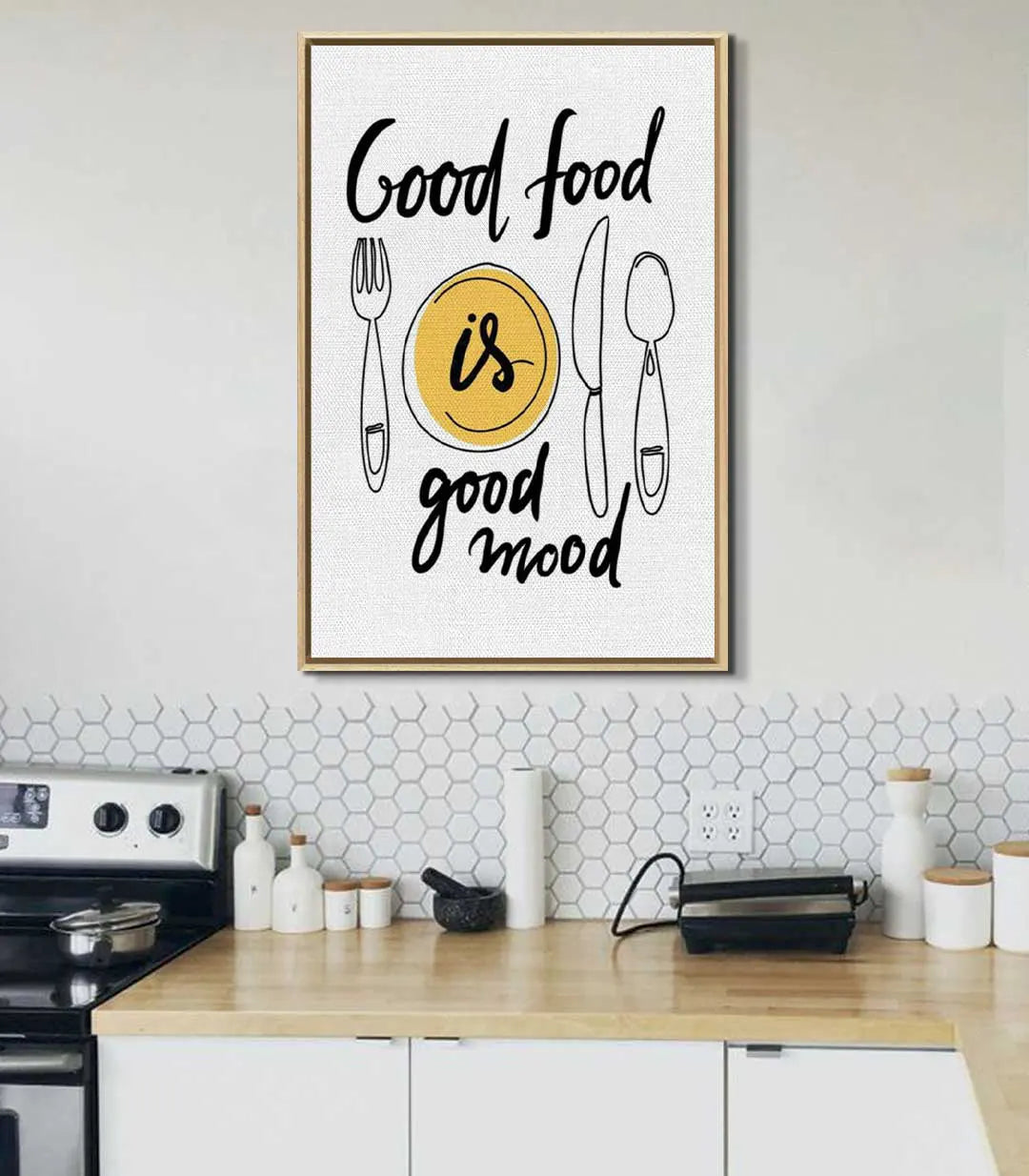 Cuadro con cita gastronómica en ambientación de comedor contemporáneo — Massinart
