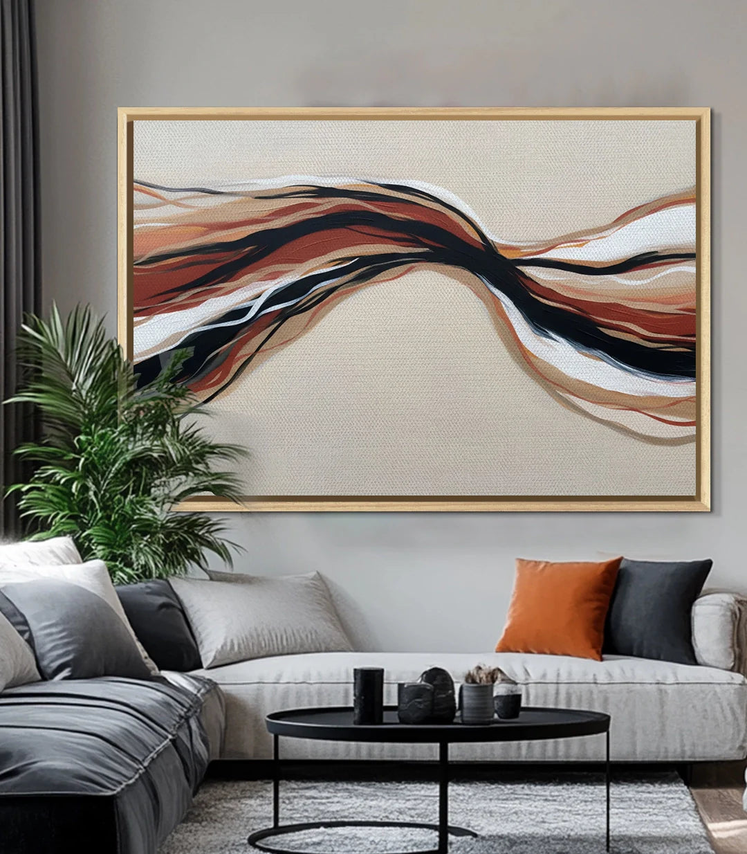 Decoración de salón contemporáneo — cuadro abstracto de olas en pared blanca Massinart
