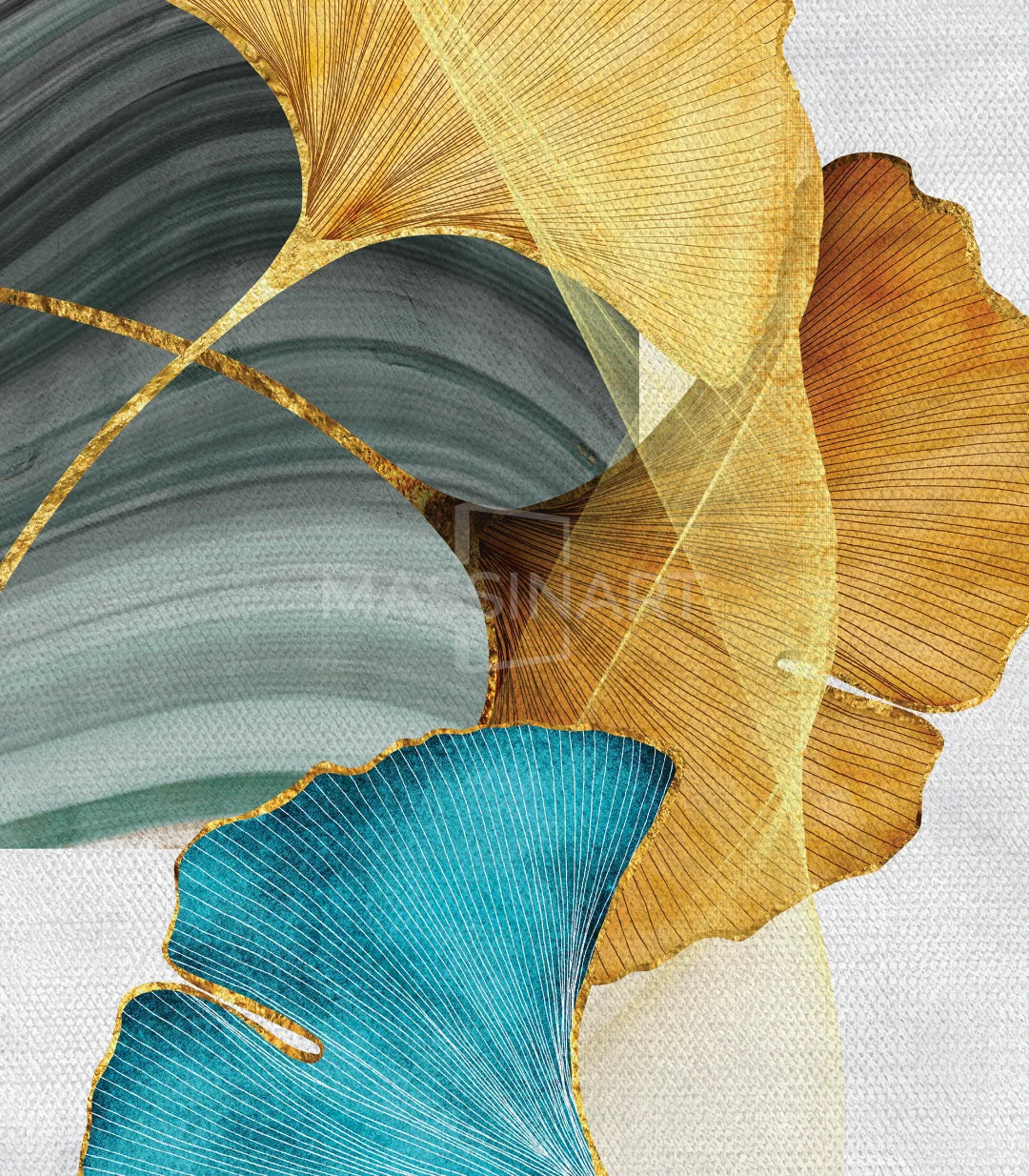 Decoración mural artística — hojas de ginkgo contemporáneo azul y amarillo, Massinart