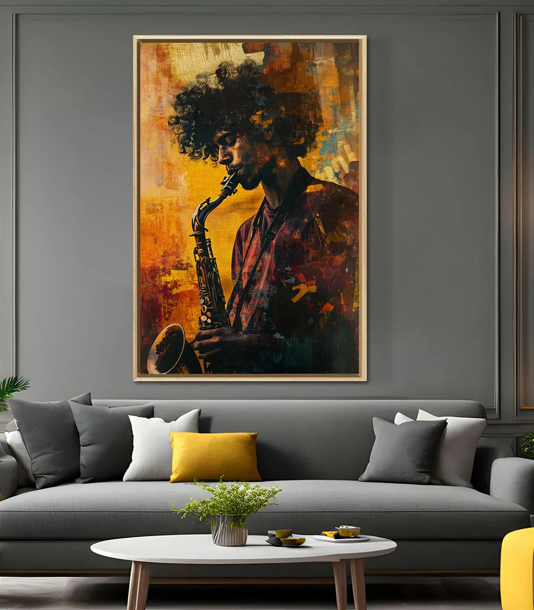 Cuadro Ethereal Jazzman - Arte jazz vertical con marco negro, detalle de colores, Massinart