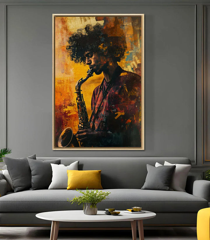 Cuadro Ethereal Jazzman - Arte jazz vertical con marco negro, detalle de colores, Massinart