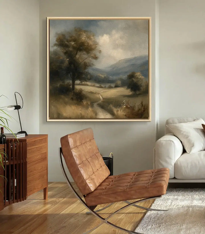 Cuadro Fading Fields en dormitorio — paisaje rural sereno, atmósfera de descanso | Massinart