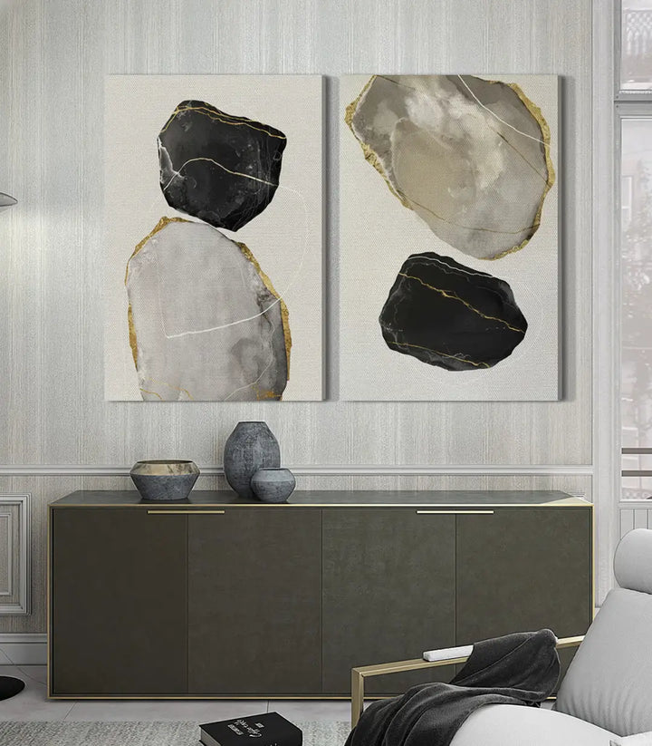 Díptico abstracto sobre consola de diseño decoración salón Massinart