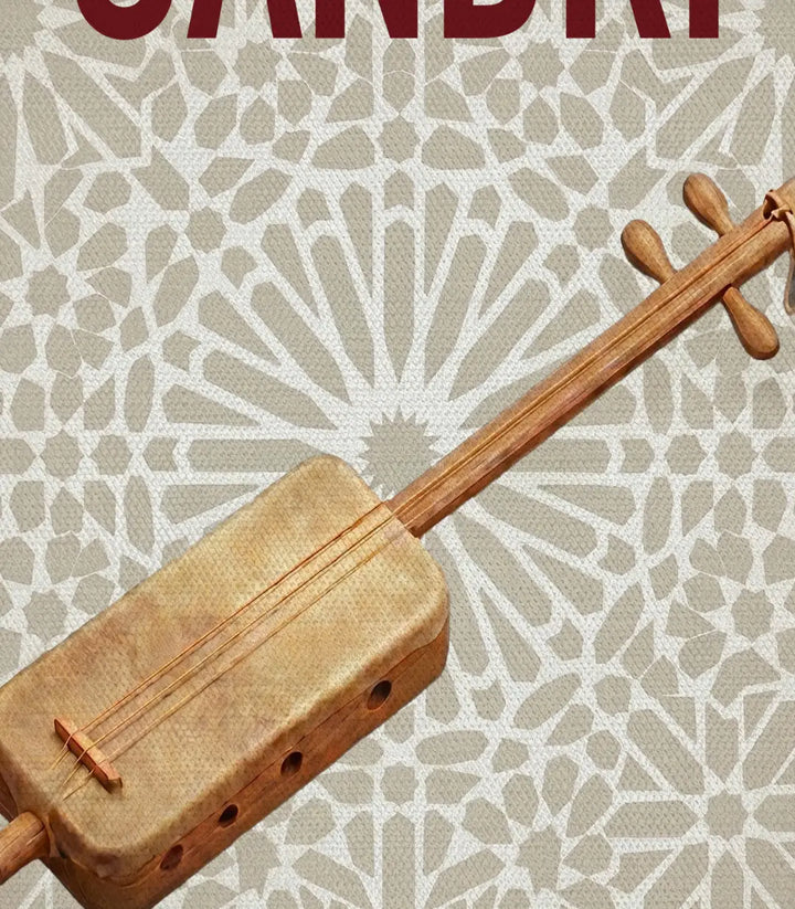 Detalle del cuadro Ganbri, músico con traje tradicional marroquí en composición gráfica monocromática – Massinart
