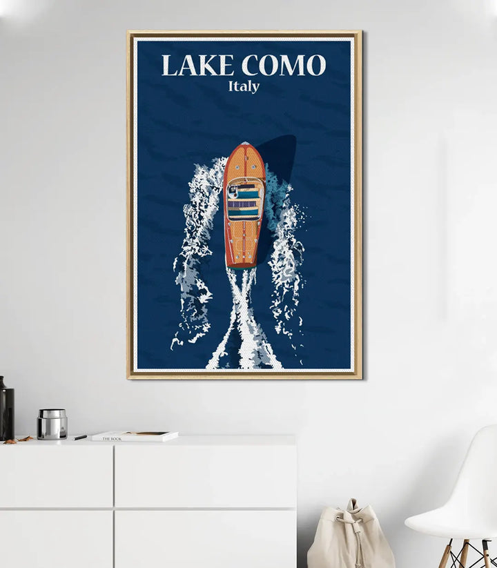 Lake Como póster vintage enmarcado en madera maciza — decoración salón moderno
