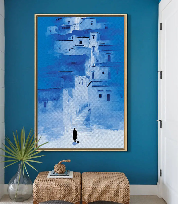 Decoración de pasillo con cuadro de arquitectura minimalista azul y blanco — Massinart