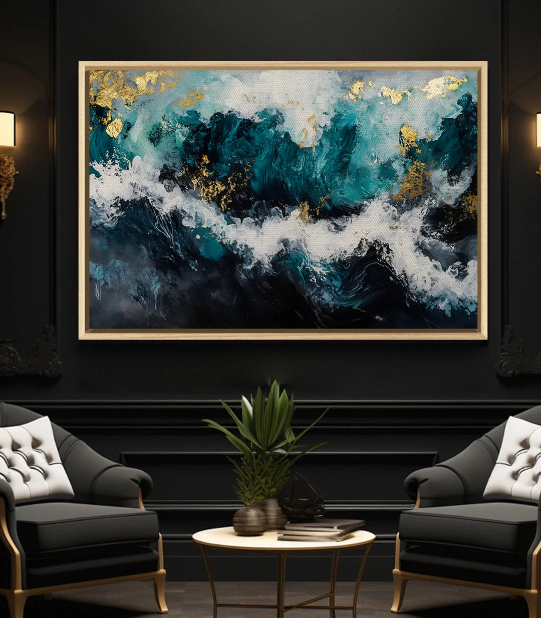 Detalle cuadro Golden Tide efecto dorado luminiscente decoración interior de lujo Massinart