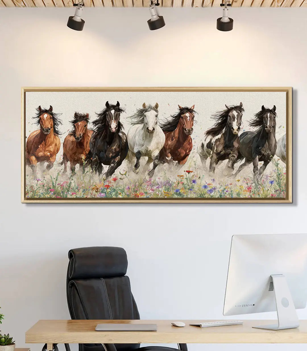 Cuadro de caballos salvajes en decoración de despacho moderno, lienzo panorámico Wild Souls Massinart