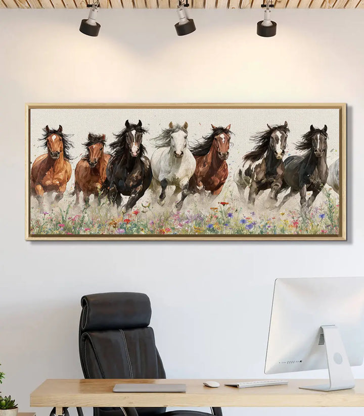 Cuadro de caballos salvajes en decoración de despacho moderno, lienzo panorámico Wild Souls Massinart