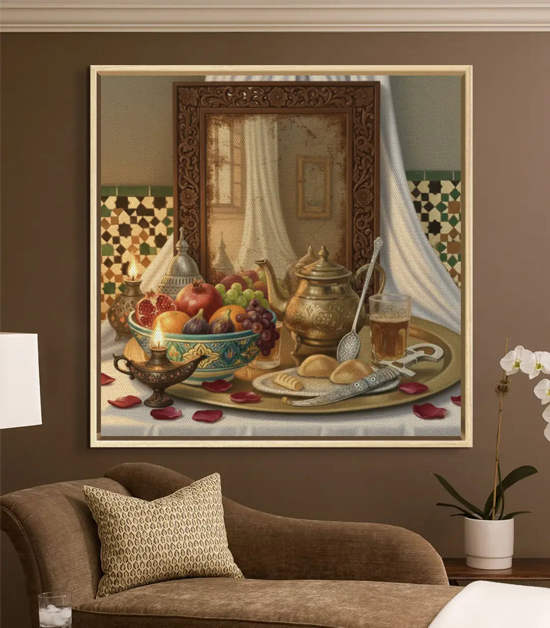 Cuadro orientalista Moroccan Feast en decoración de dormitorio cálido — Massinart