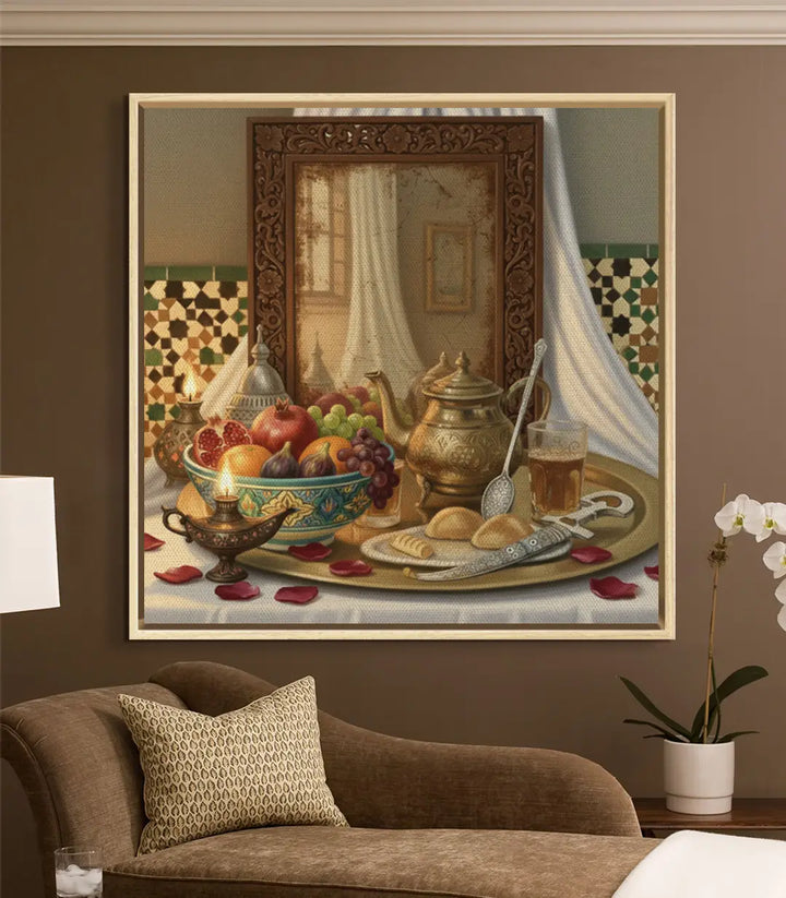 Cuadro orientalista Moroccan Feast en decoración de dormitorio cálido — Massinart