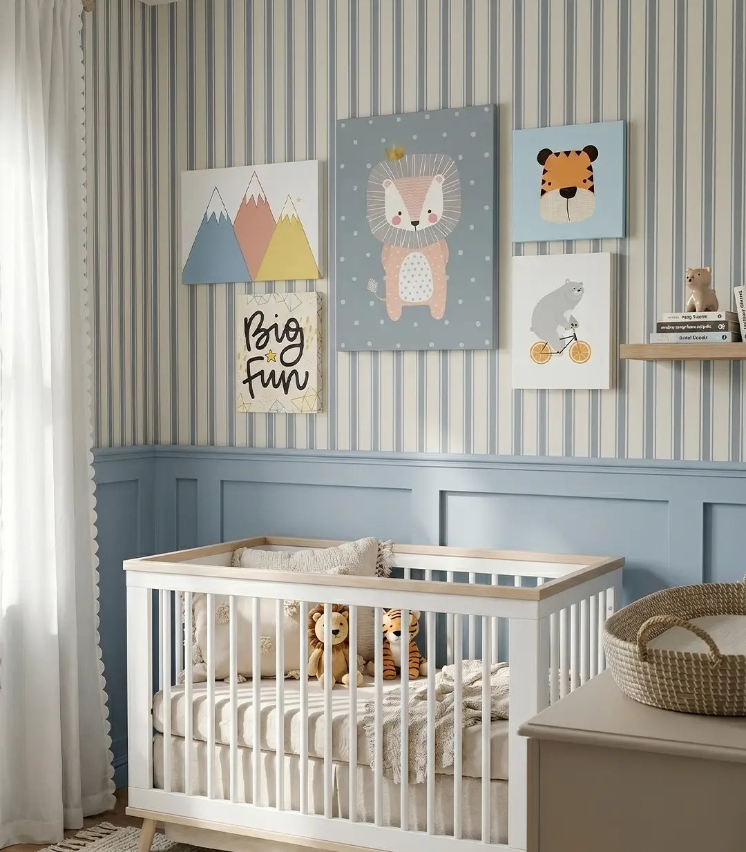 Galería de cuadros infantiles Big Fun con ilustraciones de animales en tonos pastel, ideal para decorar habitaciones de niños