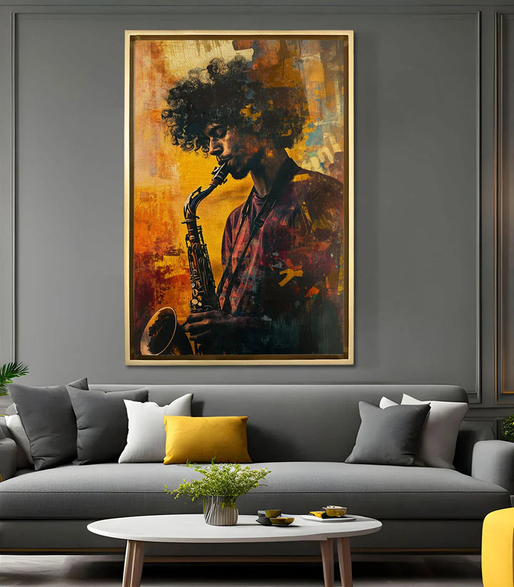 Ambientación Ethereal Jazzman - Cuadro de jazz en salón moderno gris, decoración contemporánea, Massinart