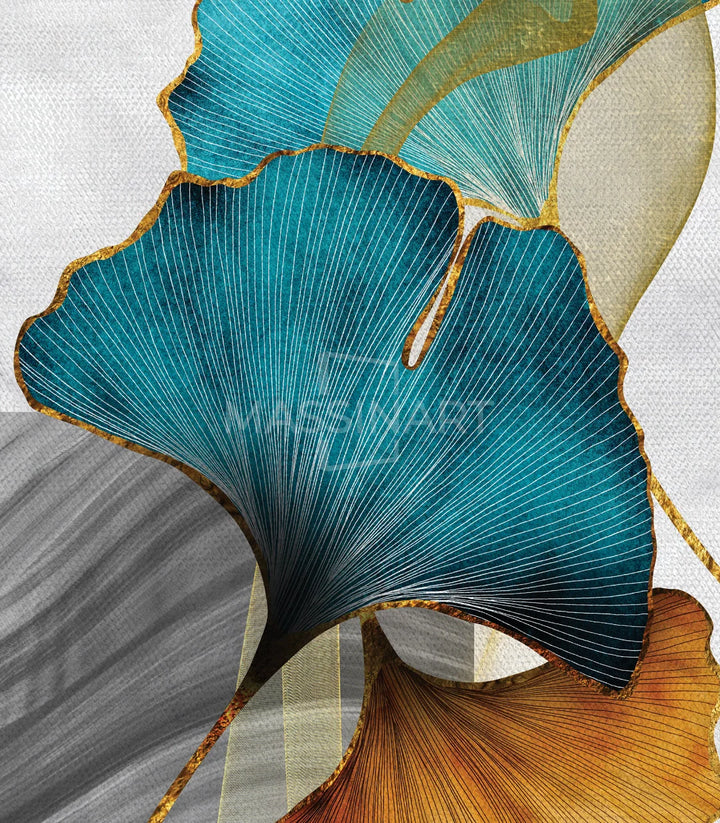 Cuadro mural salón — Ginkgo Leaves tríptico en tonos azul, dorado y beige, Massinart
