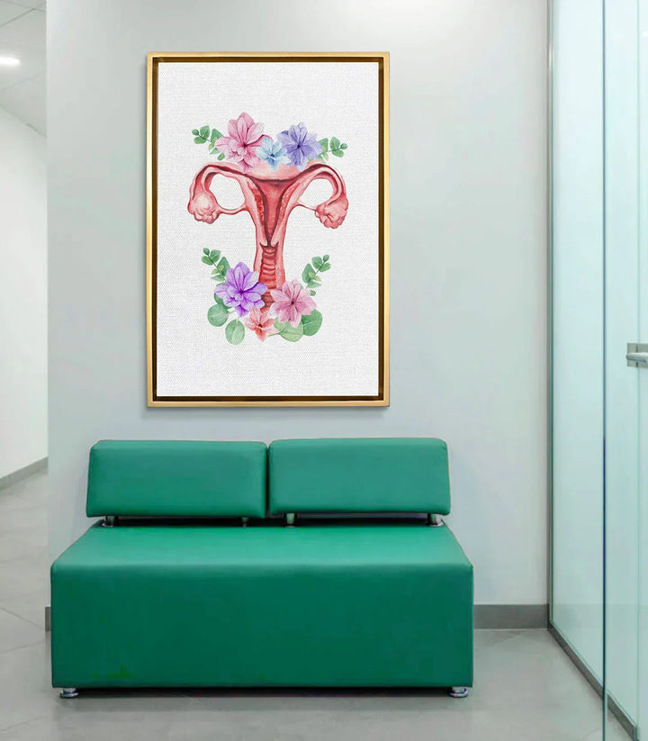 Cuadro Floral Uterus en ambientación en consulta médica moderna con banco verde, Massinart