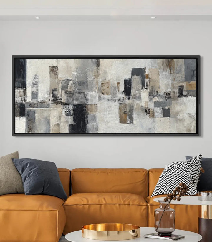 Cuadro Cérène skyline urbano abstracto, tonos blanco beige y negro, Massinart