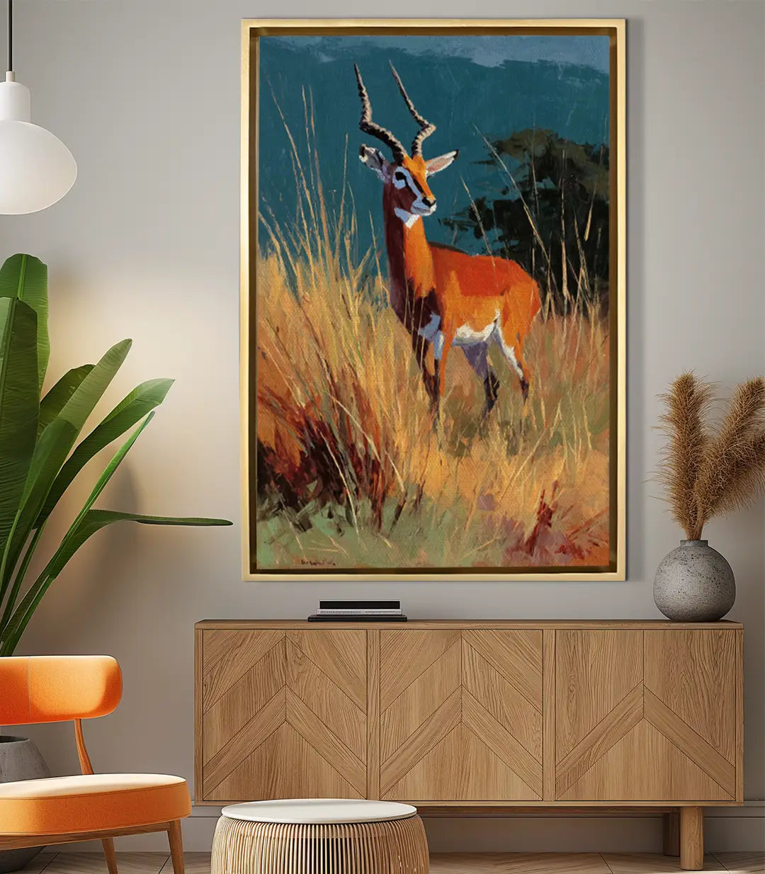 Ambientación salón moderno — cuadro Edge Watcher sobre mueble de madera, decoración de pared Massinart