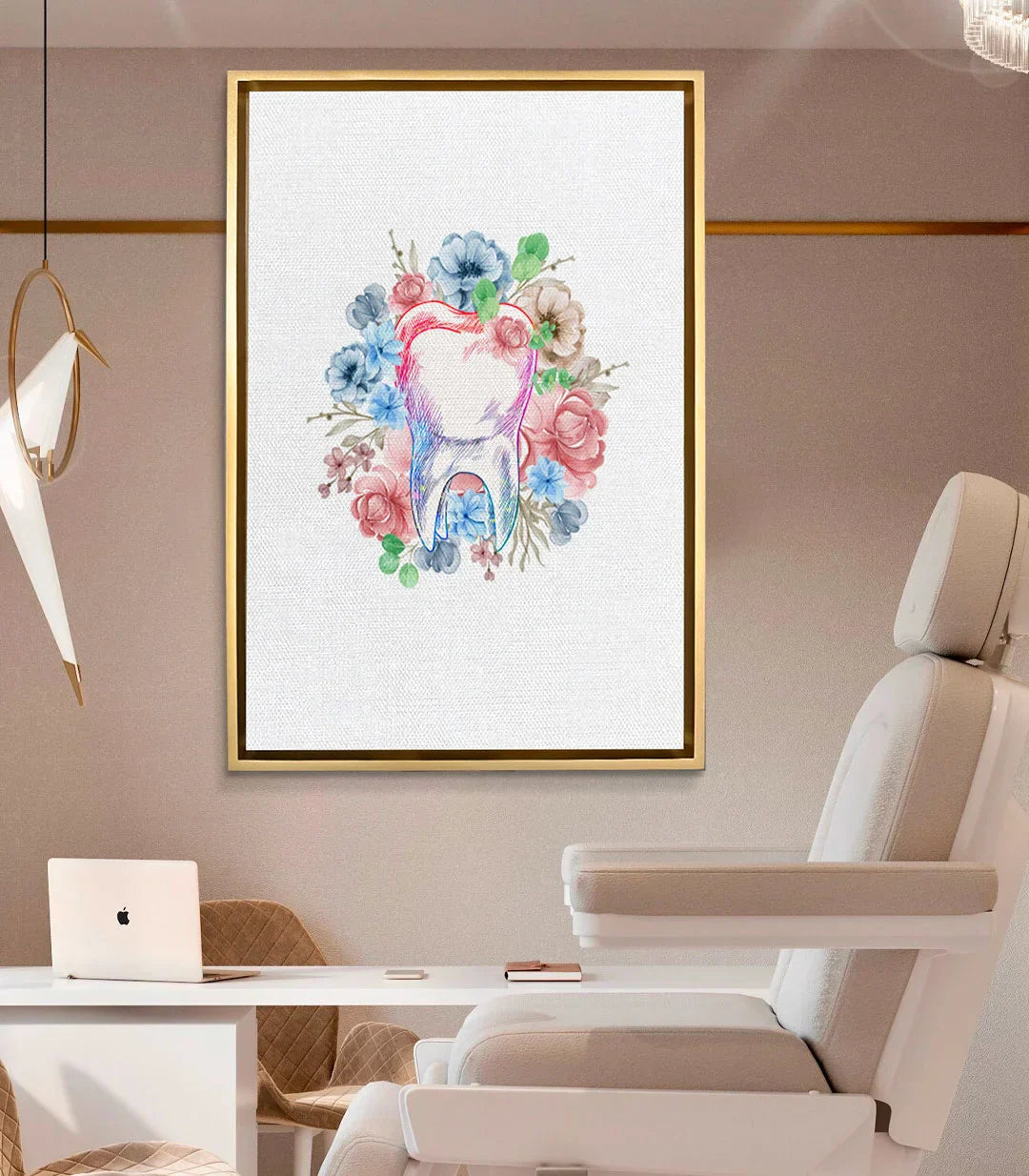 Ambientación salón moderno con cuadro diente floral Root Bloom Massinart